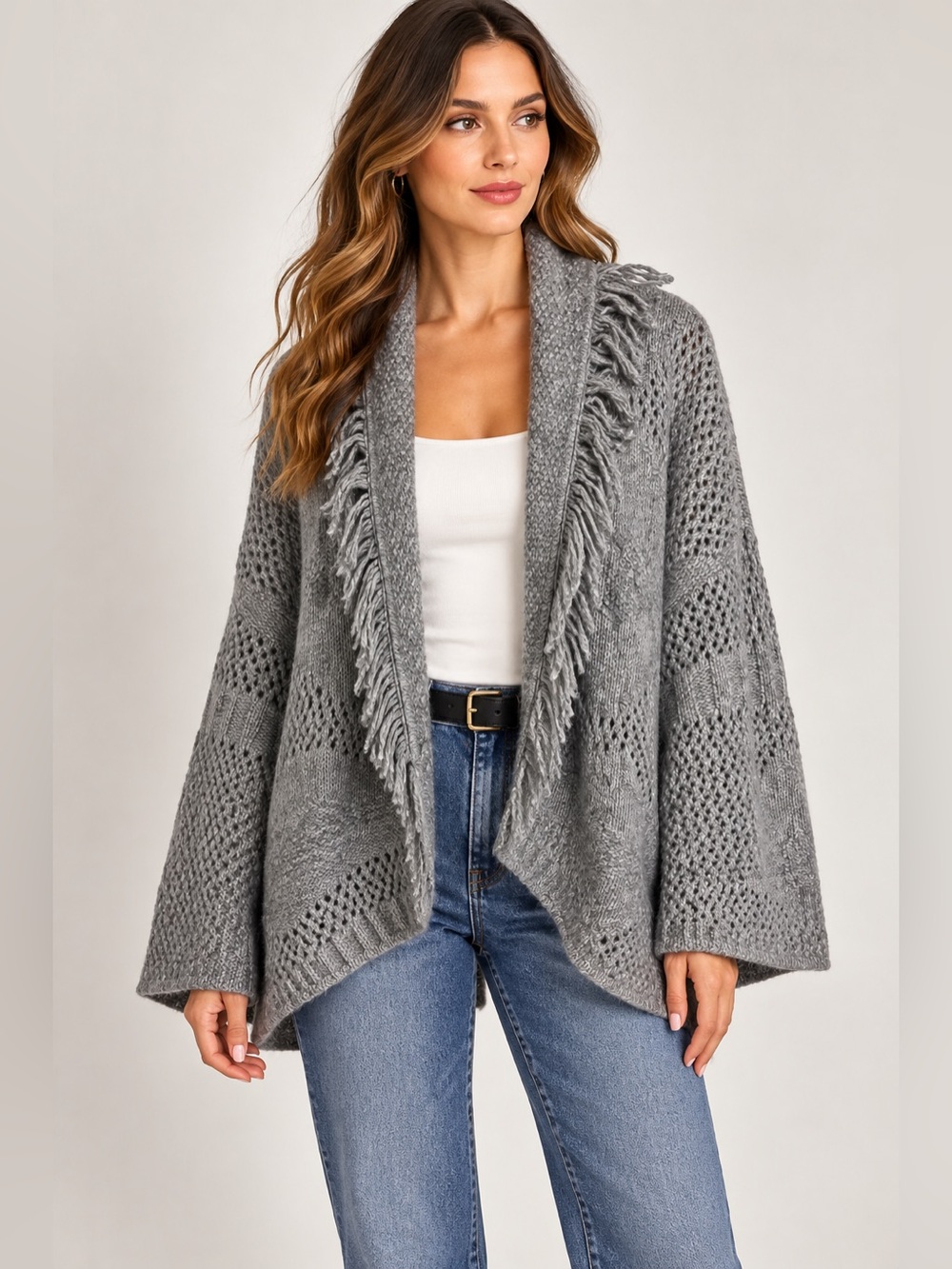 Vigoss Gray Fringe Shawl Collar Open Knit Cardigan Sweater Wool Blend Size XL